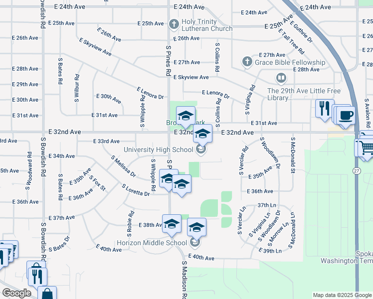 map of restaurants, bars, coffee shops, grocery stores, and more near 12420 East 32nd Avenue in Spokane Valley