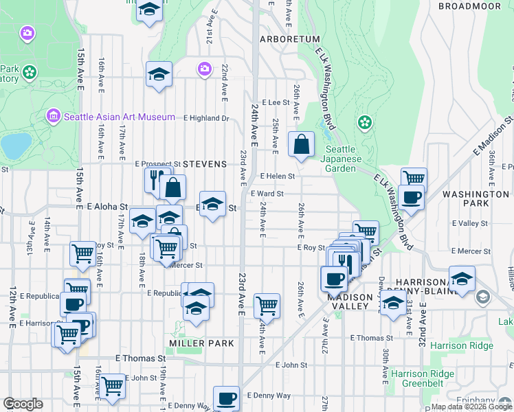 map of restaurants, bars, coffee shops, grocery stores, and more near 2403 East Aloha Street in Seattle