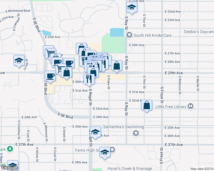 map of restaurants, bars, coffee shops, grocery stores, and more near 3024 East 30th Avenue in Spokane