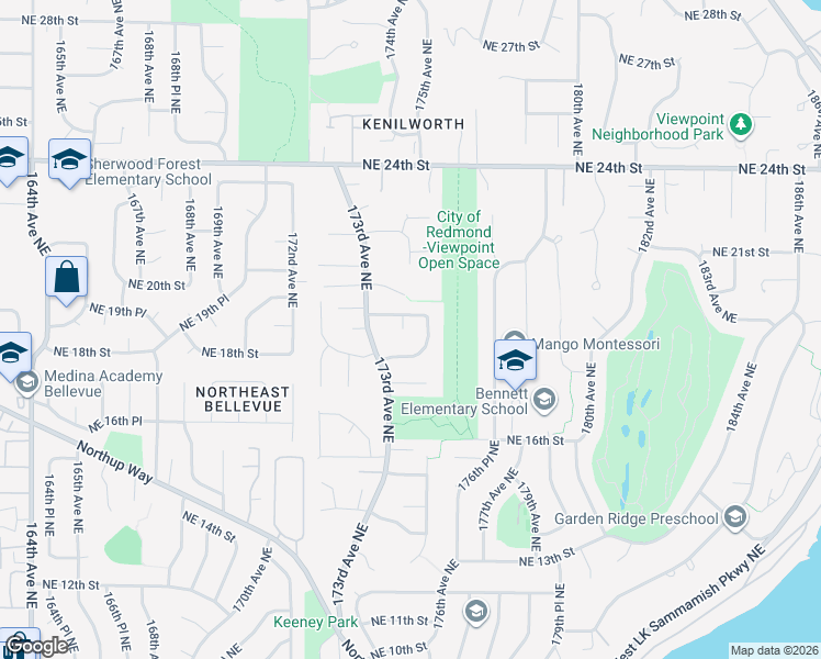 map of restaurants, bars, coffee shops, grocery stores, and more near 17318 Northeast 18th Place in Bellevue