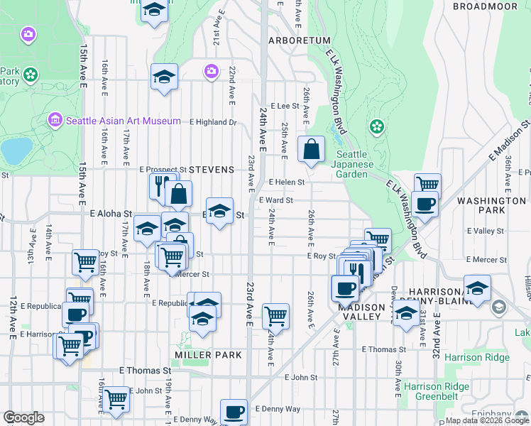 map of restaurants, bars, coffee shops, grocery stores, and more near 2403 East Aloha Street in Seattle