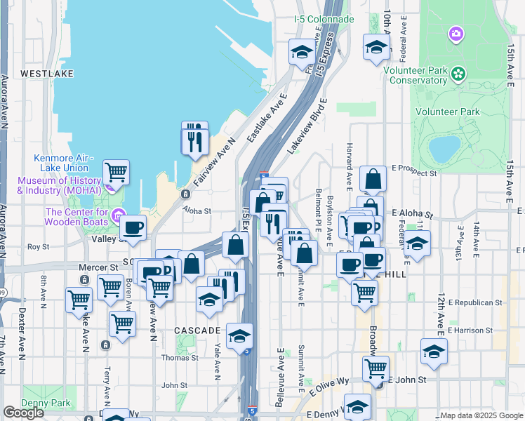 map of restaurants, bars, coffee shops, grocery stores, and more near 740 Bellevue Place East in Seattle