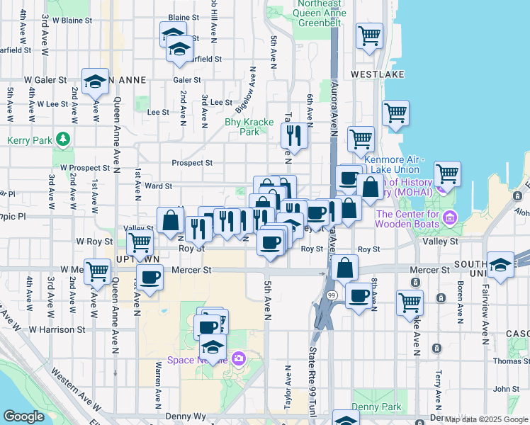 map of restaurants, bars, coffee shops, grocery stores, and more near 802 5th Avenue North in Seattle