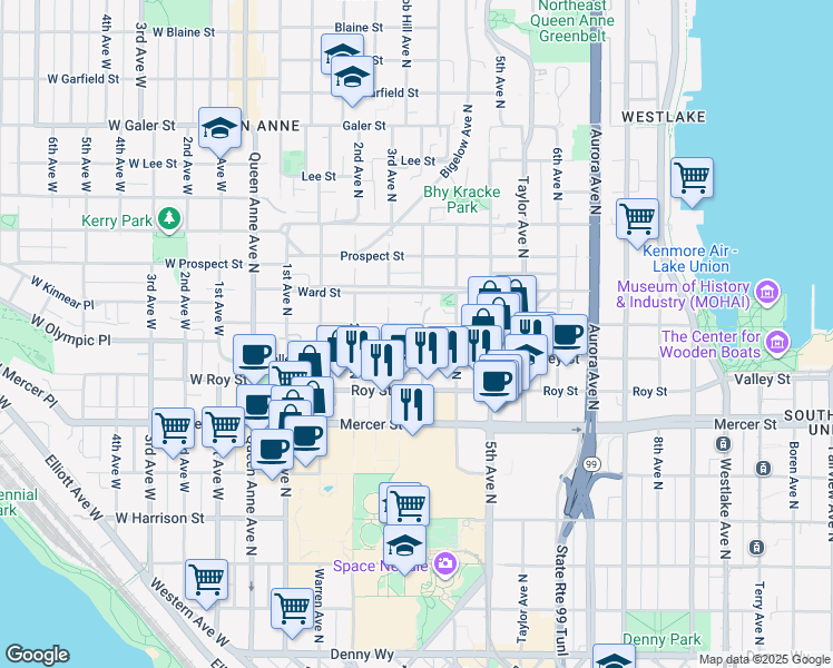 map of restaurants, bars, coffee shops, grocery stores, and more near 320 Valley Street in Seattle