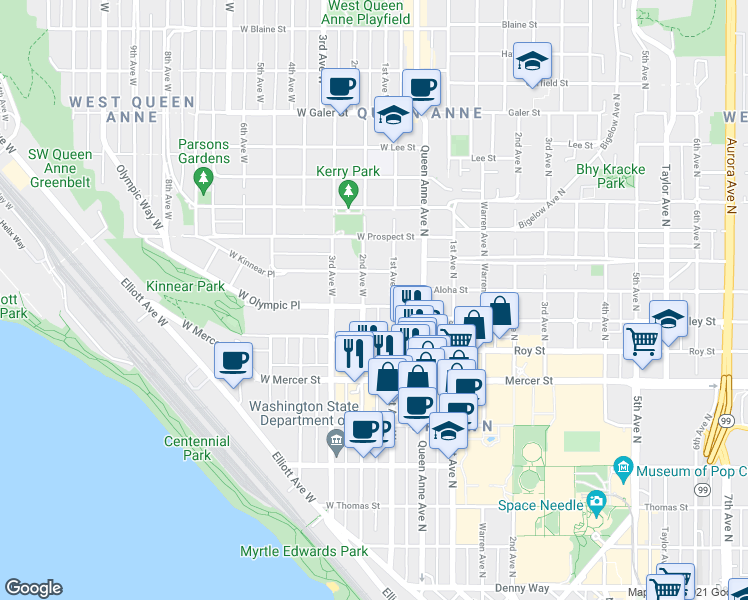 map of restaurants, bars, coffee shops, grocery stores, and more near in Seattle