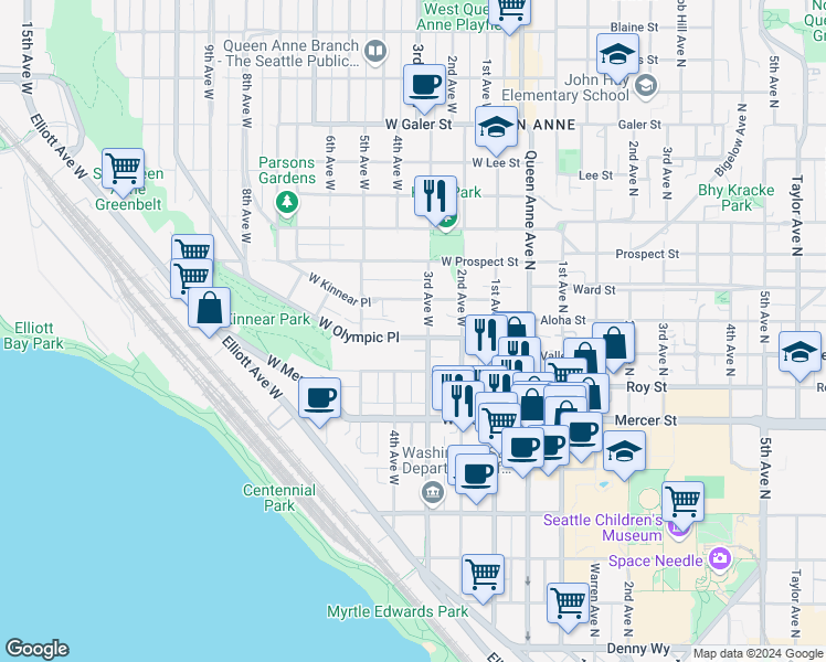 map of restaurants, bars, coffee shops, grocery stores, and more near in Seattle