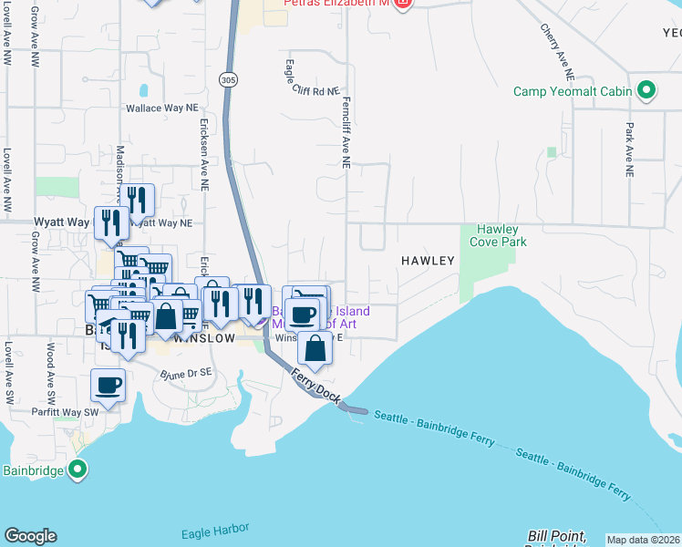 map of restaurants, bars, coffee shops, grocery stores, and more near 259 Ferncliff Avenue Northeast in Bainbridge Island