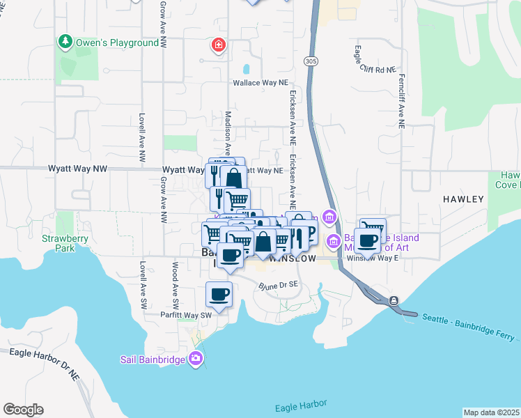map of restaurants, bars, coffee shops, grocery stores, and more near 303 Madrona Way Northeast in Bainbridge Island