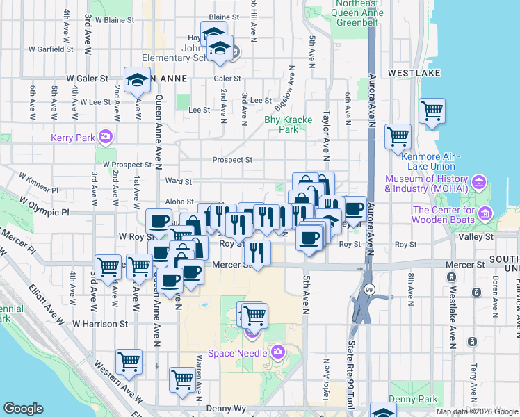 map of restaurants, bars, coffee shops, grocery stores, and more near 320 Valley Street in Seattle