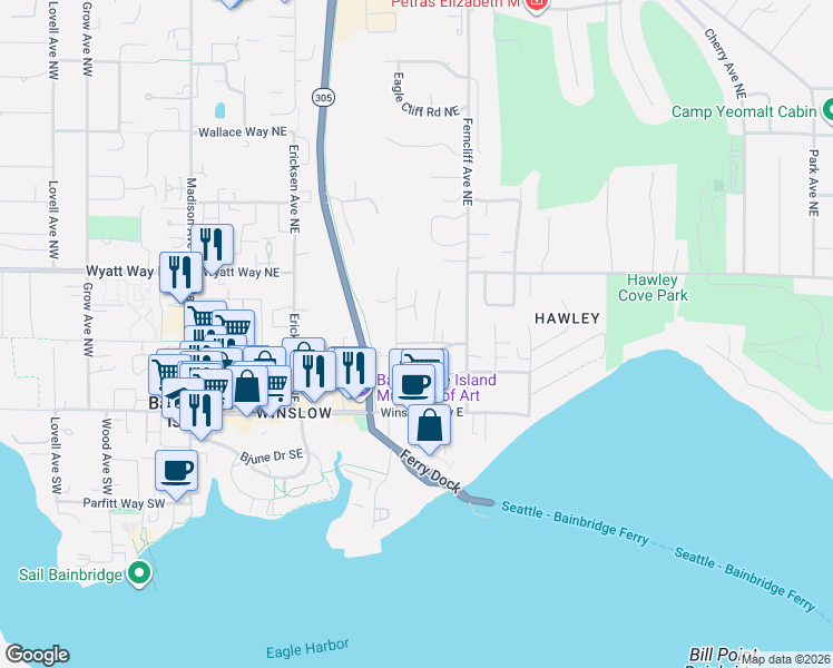 map of restaurants, bars, coffee shops, grocery stores, and more near 320 Hyak Place Northeast in Bainbridge Island