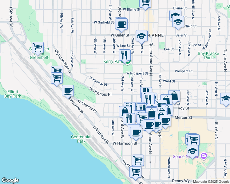 map of restaurants, bars, coffee shops, grocery stores, and more near 324 West Olympic Place in Seattle