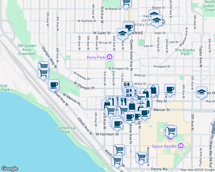 map of restaurants, bars, coffee shops, grocery stores, and more near 220 West Olympic Place in Seattle