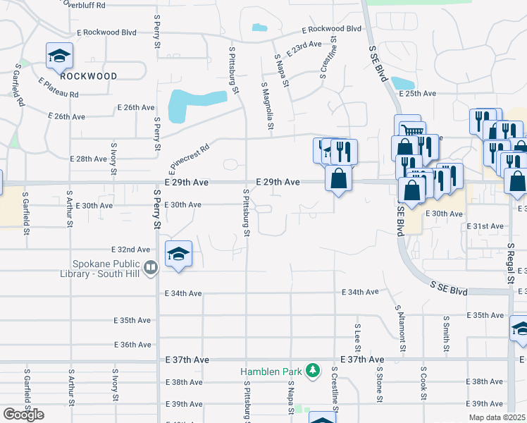 map of restaurants, bars, coffee shops, grocery stores, and more near 2929 South Waterford Drive in Spokane