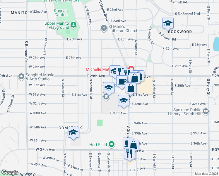 map of restaurants, bars, coffee shops, grocery stores, and more near 307 East 31st Avenue in Spokane