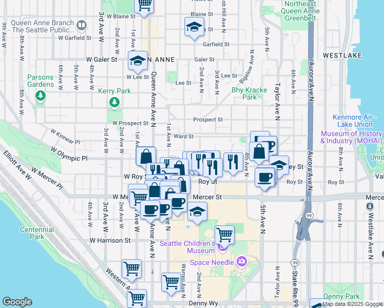 map of restaurants, bars, coffee shops, grocery stores, and more near 161 Aloha Street in Seattle