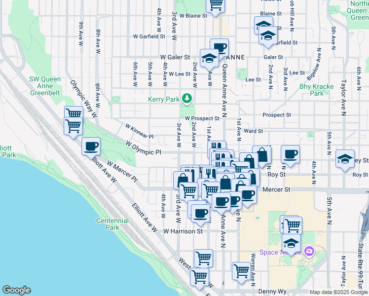 map of restaurants, bars, coffee shops, grocery stores, and more near 220 West Olympic Place in Seattle