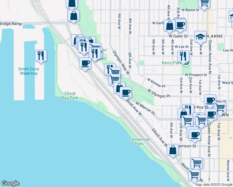 map of restaurants, bars, coffee shops, grocery stores, and more near 1041 Elliott Ave W in Seattle