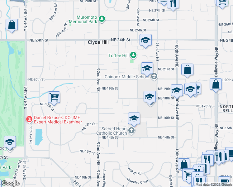 map of restaurants, bars, coffee shops, grocery stores, and more near 1807 94th Avenue Northeast in Clyde Hill