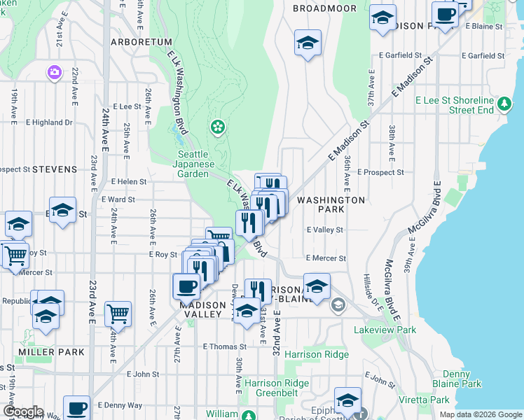 map of restaurants, bars, coffee shops, grocery stores, and more near 3100 East Madison Street in Seattle