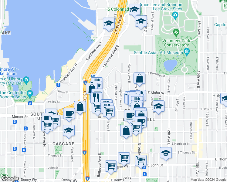 map of restaurants, bars, coffee shops, grocery stores, and more near 750 Belmont Avenue East in Seattle
