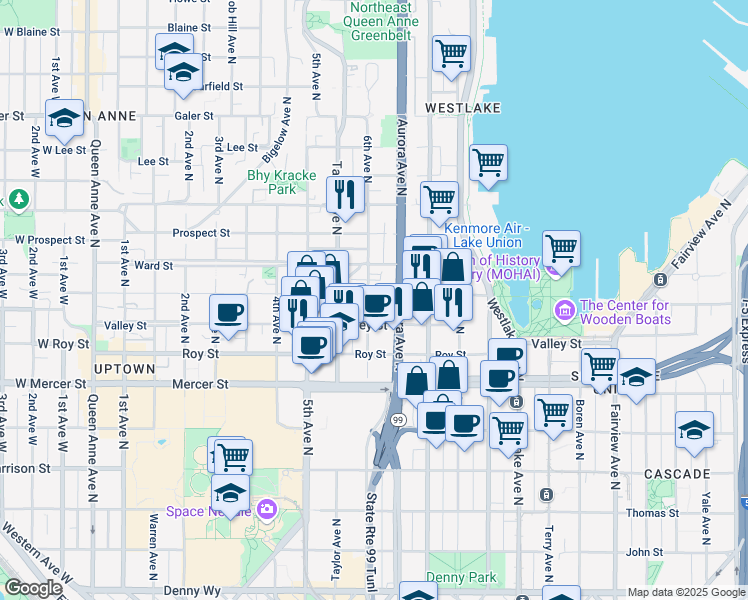map of restaurants, bars, coffee shops, grocery stores, and more near 810 6th Avenue North in Seattle