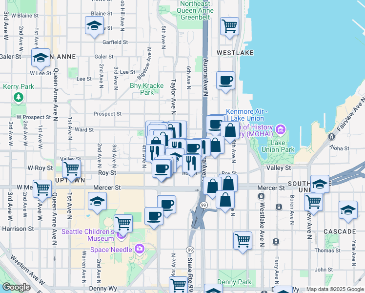 map of restaurants, bars, coffee shops, grocery stores, and more near 808 Taylor Avenue North in Seattle