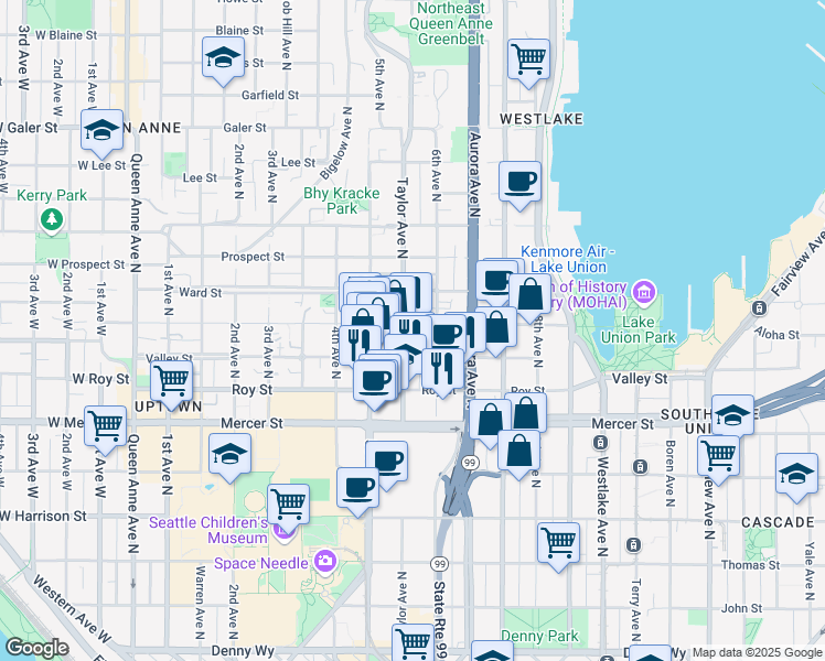 map of restaurants, bars, coffee shops, grocery stores, and more near 808 Taylor Avenue North in Seattle