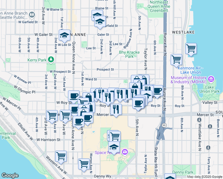 map of restaurants, bars, coffee shops, grocery stores, and more near 320 Valley Street in Seattle