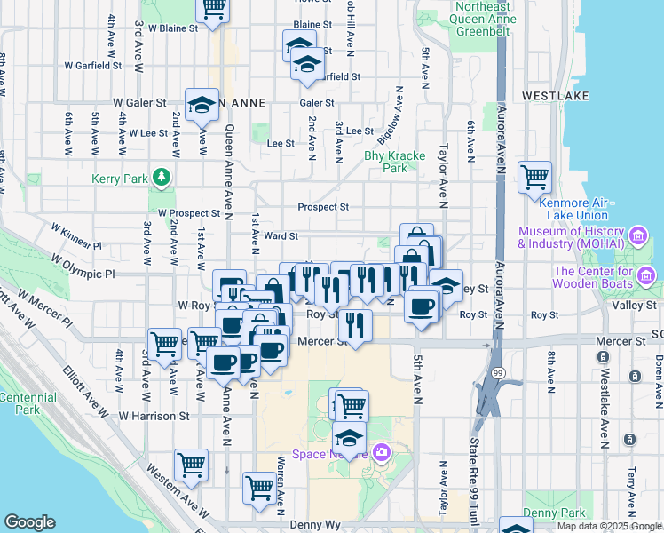 map of restaurants, bars, coffee shops, grocery stores, and more near 801 3rd Avenue North in Seattle