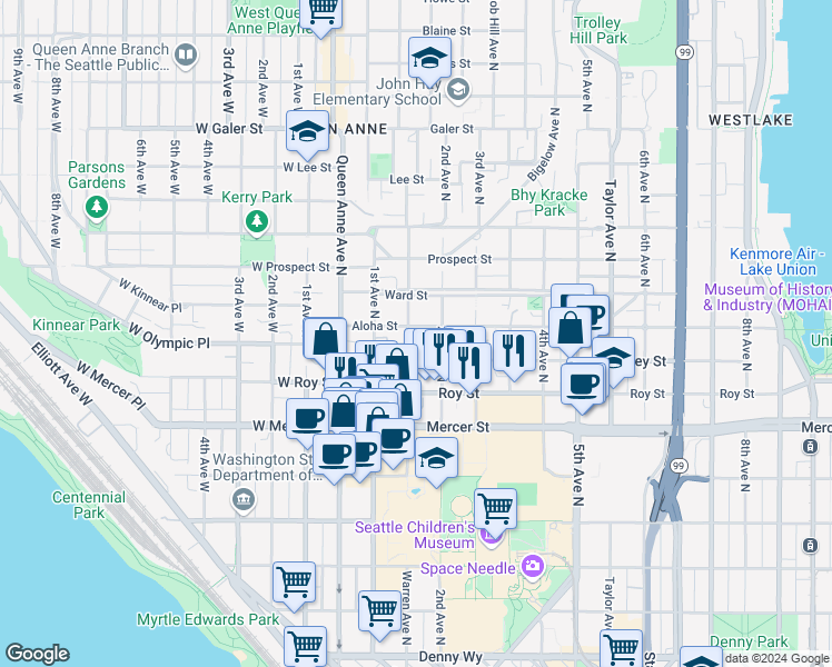 map of restaurants, bars, coffee shops, grocery stores, and more near 154 Valley Street in Seattle