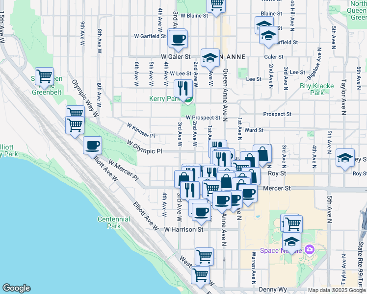map of restaurants, bars, coffee shops, grocery stores, and more near in Seattle