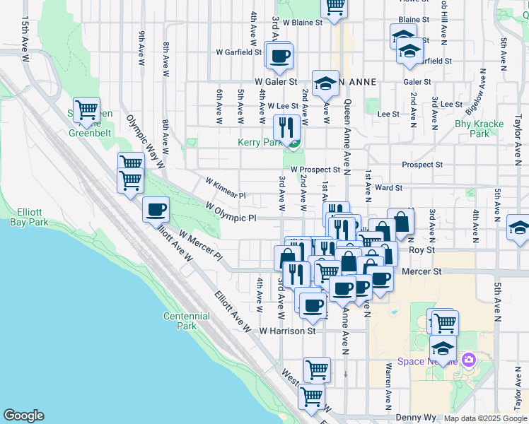 map of restaurants, bars, coffee shops, grocery stores, and more near in Seattle