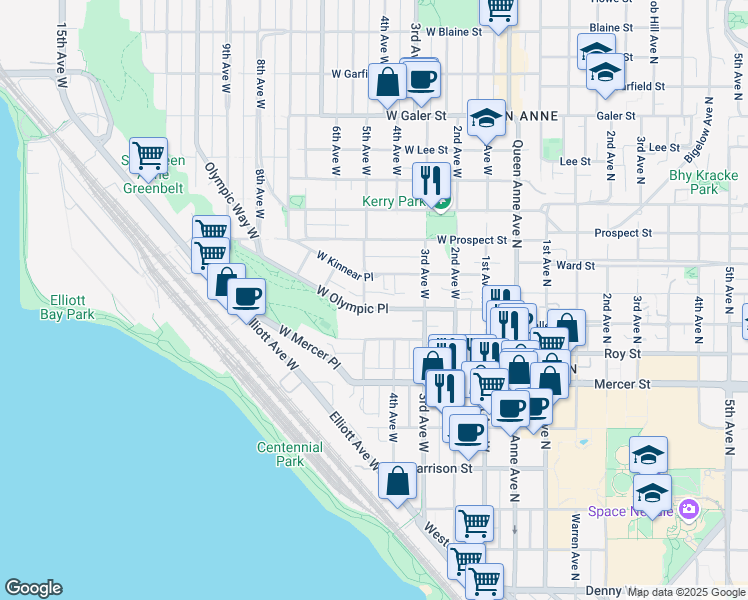 map of restaurants, bars, coffee shops, grocery stores, and more near 341 West Olympic Place in Seattle