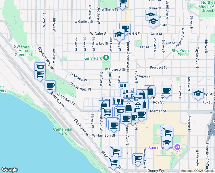 map of restaurants, bars, coffee shops, grocery stores, and more near in Seattle