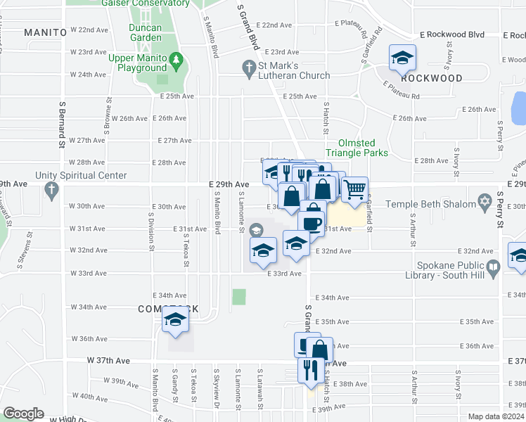 map of restaurants, bars, coffee shops, grocery stores, and more near 330 East 30th Avenue in Spokane
