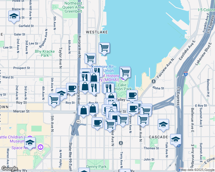 map of restaurants, bars, coffee shops, grocery stores, and more near Lake Union Trail in Seattle