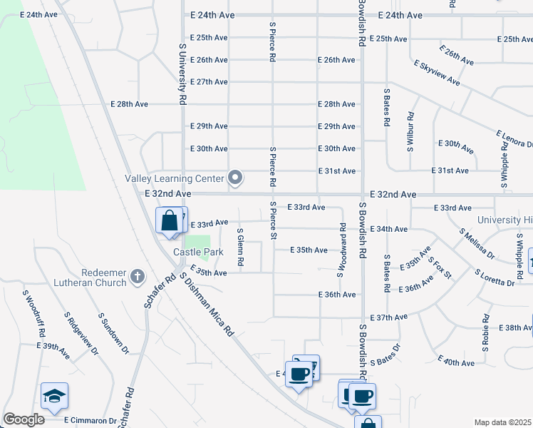 map of restaurants, bars, coffee shops, grocery stores, and more near 11020 East 33rd Avenue in Spokane Valley