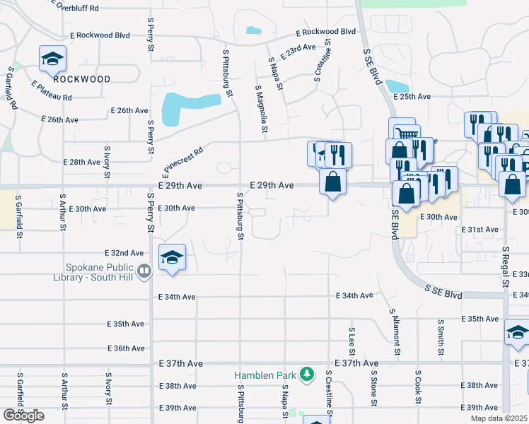 map of restaurants, bars, coffee shops, grocery stores, and more near 2008 East 30th Avenue in Spokane
