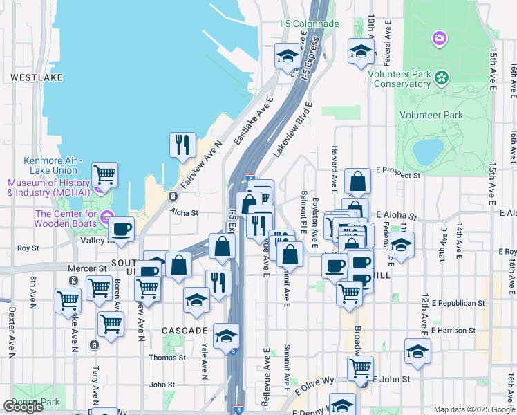 map of restaurants, bars, coffee shops, grocery stores, and more near in Seattle