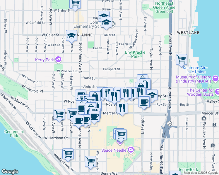 map of restaurants, bars, coffee shops, grocery stores, and more near 801 3rd Avenue North in Seattle