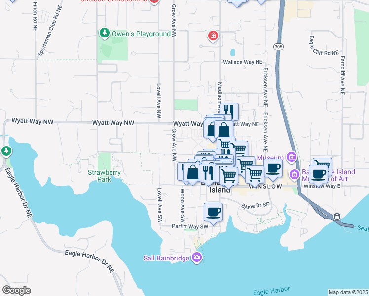map of restaurants, bars, coffee shops, grocery stores, and more near 385 Shepard Way Northwest in Bainbridge Island