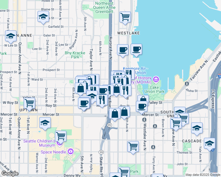 map of restaurants, bars, coffee shops, grocery stores, and more near 898 Aurora Avenue North in Seattle