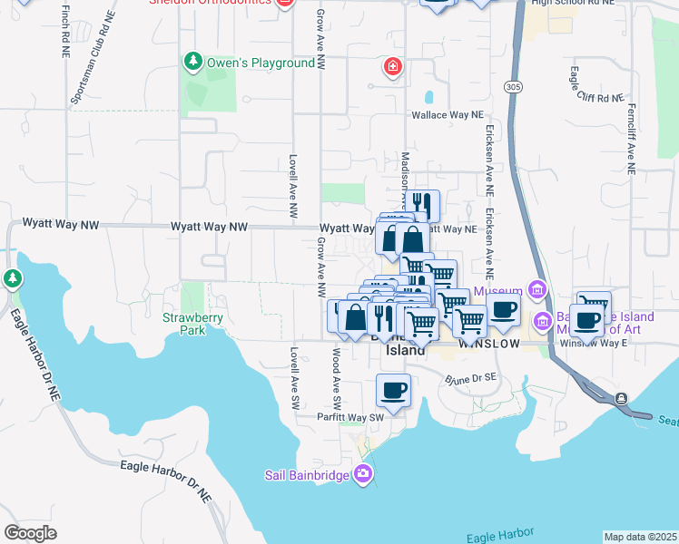 map of restaurants, bars, coffee shops, grocery stores, and more near 385 Shepard Way Northwest in Bainbridge Island