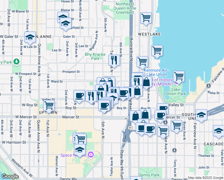 map of restaurants, bars, coffee shops, grocery stores, and more near Taylor Avenue North & Aloha Street in Seattle