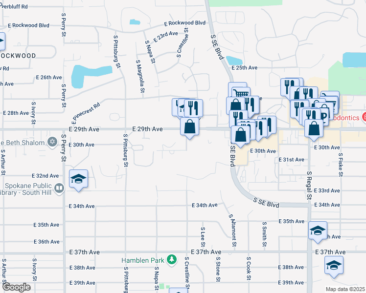 map of restaurants, bars, coffee shops, grocery stores, and more near 2110 East 30th Avenue in Spokane