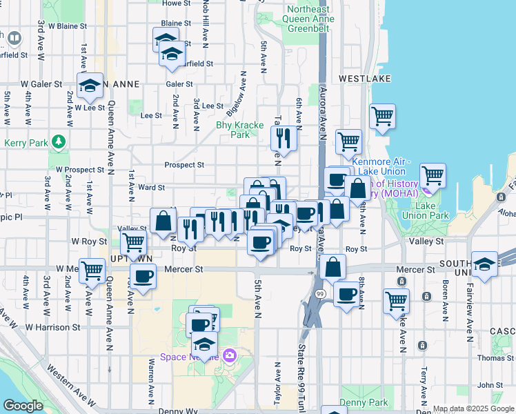map of restaurants, bars, coffee shops, grocery stores, and more near 5th Avenue North & Aloha Street in Seattle
