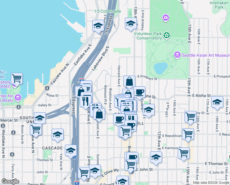 map of restaurants, bars, coffee shops, grocery stores, and more near 718 East Aloha Street in Seattle