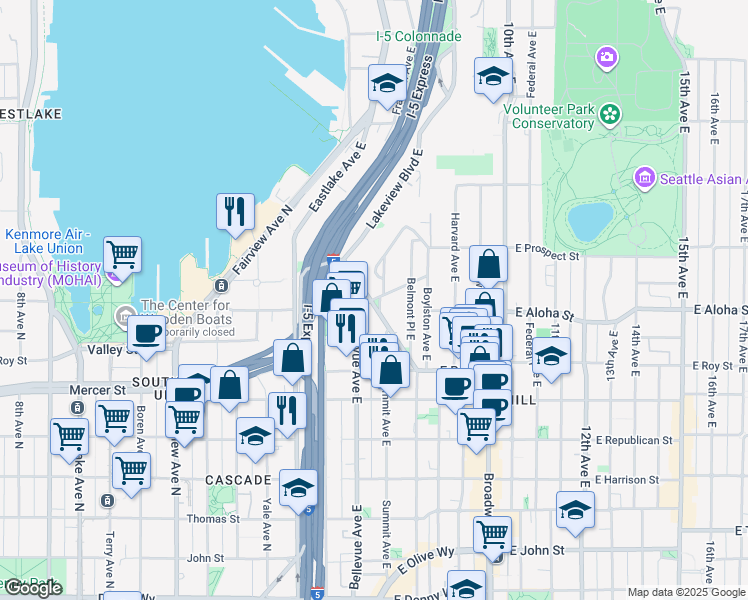 map of restaurants, bars, coffee shops, grocery stores, and more near Bellevue Place East in Seattle
