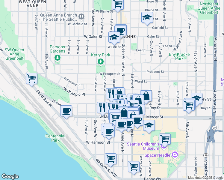 map of restaurants, bars, coffee shops, grocery stores, and more near 911 1st Avenue West in Seattle