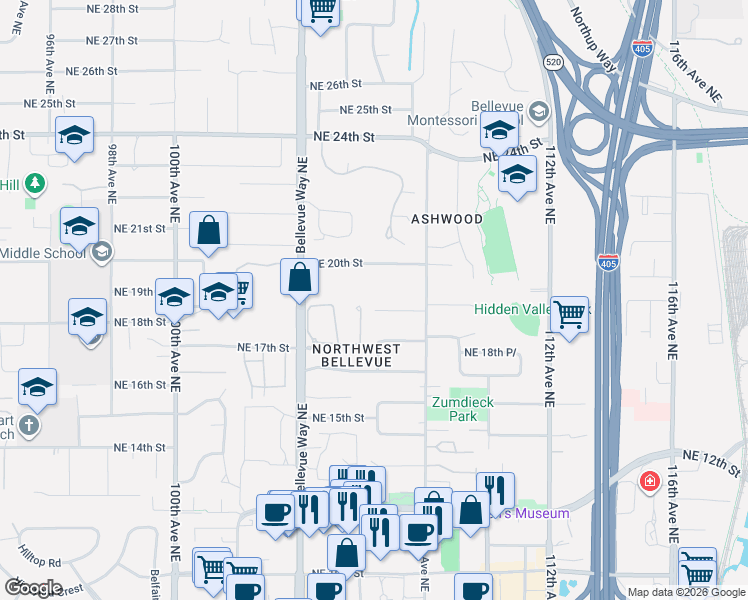 map of restaurants, bars, coffee shops, grocery stores, and more near 10607 Northeast 19th Place in Bellevue